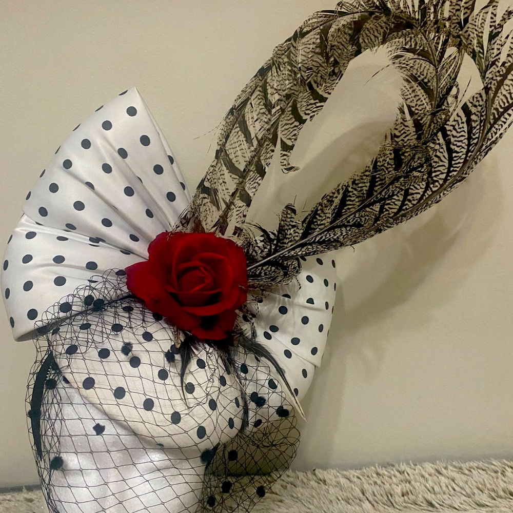 Beautiful White with Black Polka Dot Derby Fascinator